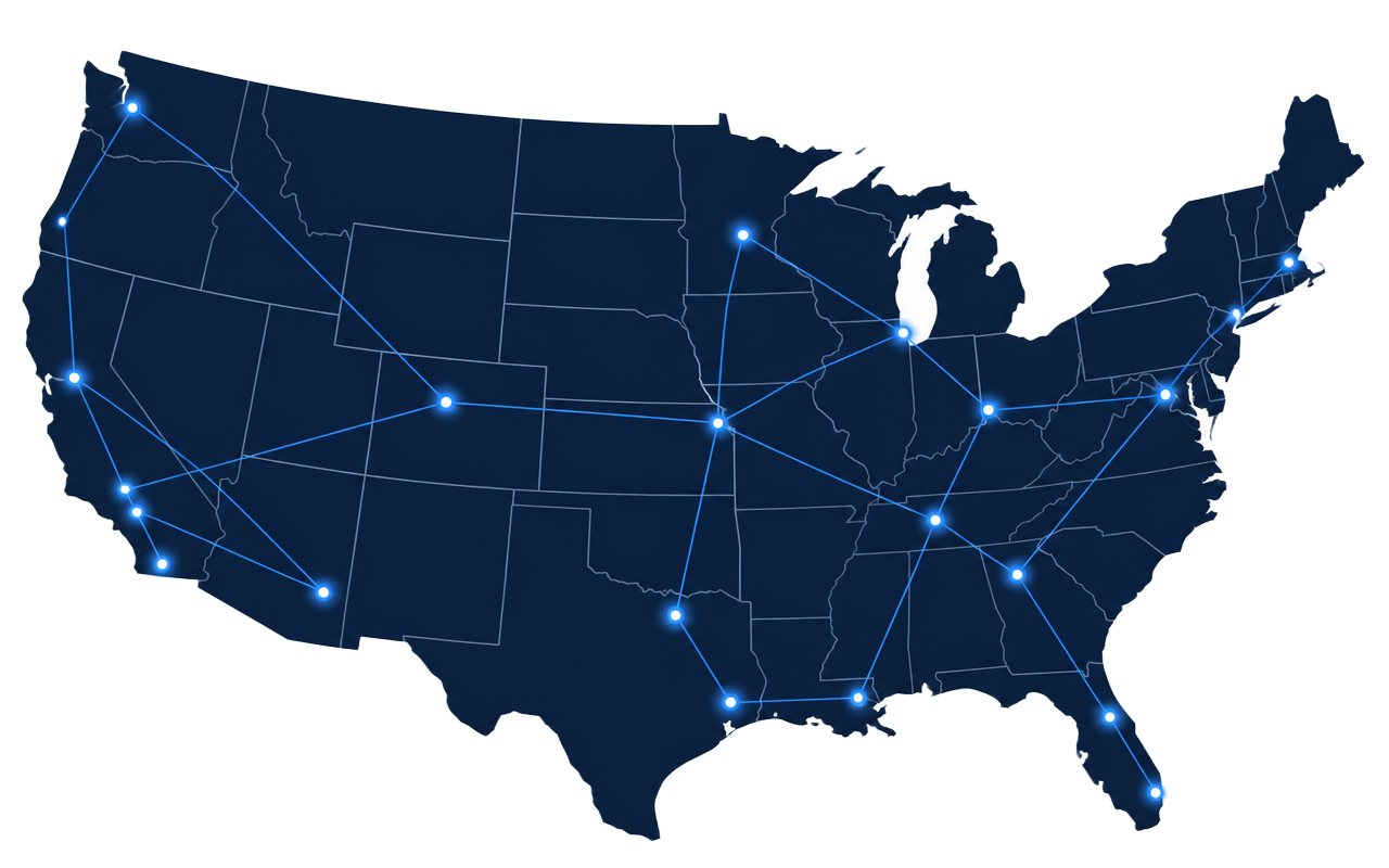 Map of the United States illustrating nationwide freight transportation lanes served by Akbar Star Express LLC